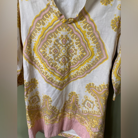 J Crew Linen Beach Yellow Pink Scarf Pattern 3/4 sleeve shift dress coverup 12 - Picture 2 of 7